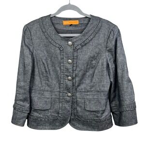 Cynthia Steffe Blazer Jacket Ruffled Trim 3/4 Sleeve 4 Button Gray Women Sz 10*